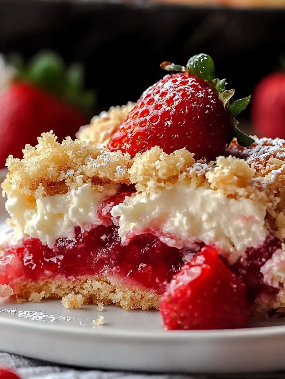 Strawberry-topped cake slice on a plate.