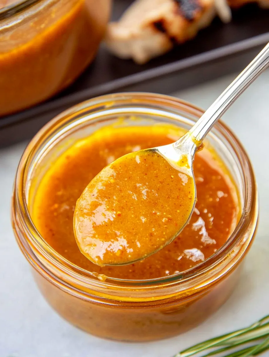 A spoon sitting in bright yellow-orange BBQ sauce.