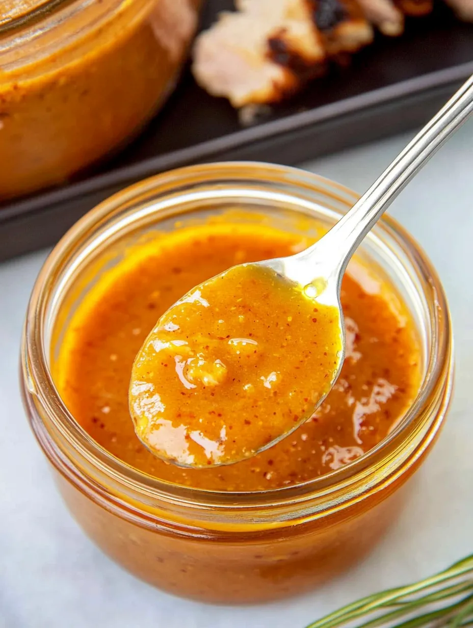 A spoon sitting in bright yellow-orange BBQ sauce.