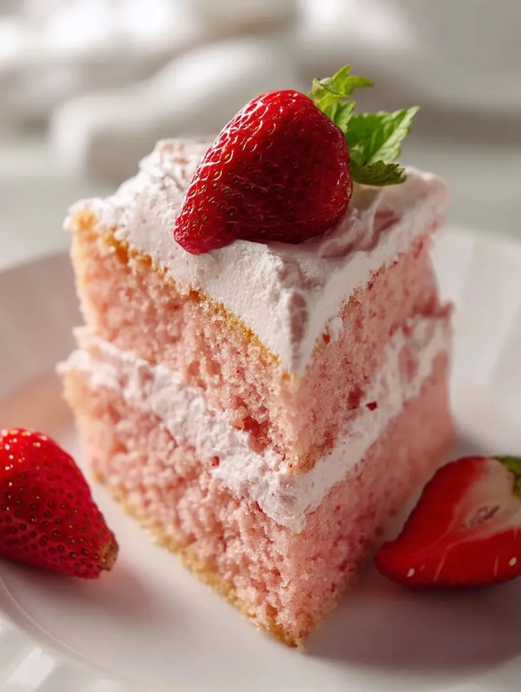 A slice of pink cake with strawberries on top.