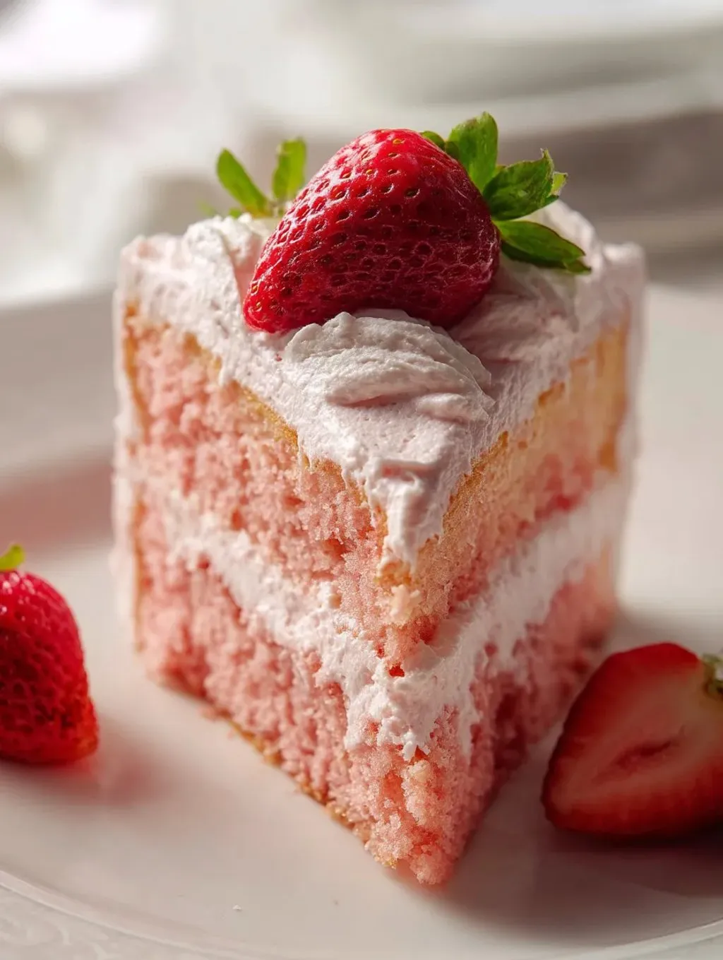 A slice of cake with strawberries on top.