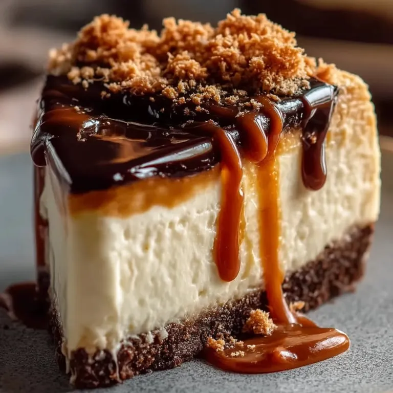 A slice of cheesecake with caramel drizzled on top.