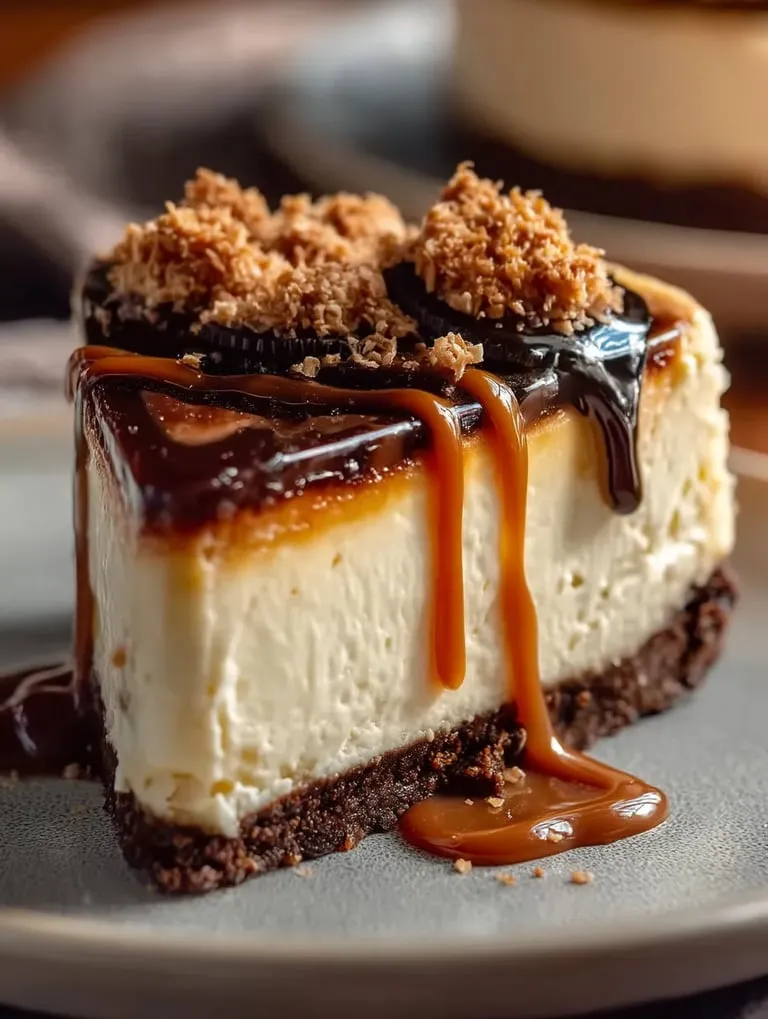 A slice of cheesecake with caramel drizzle.