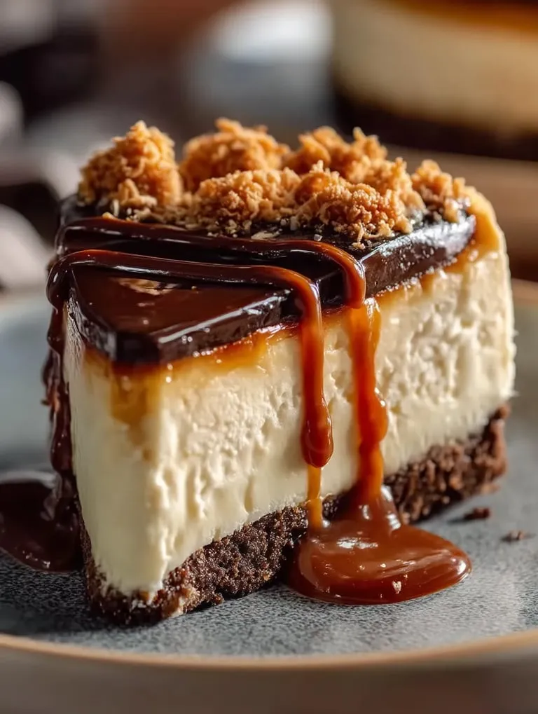 A slice of cheesecake with caramel drizzled on top.