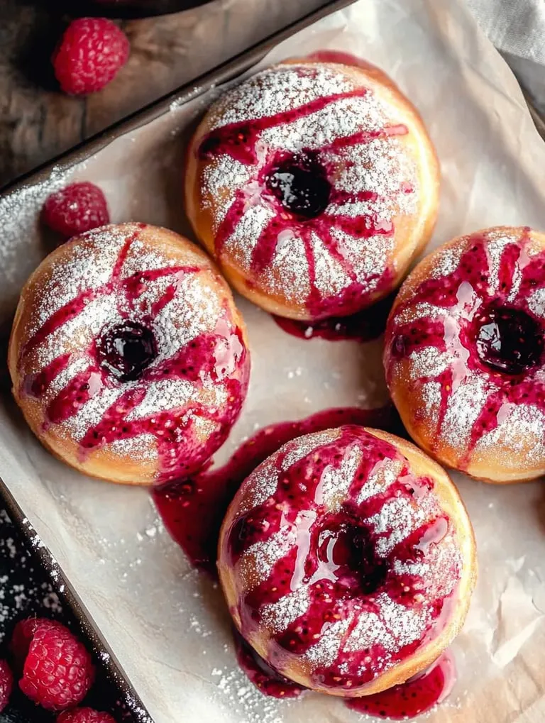 A plate of donuts with raspberry sauce.