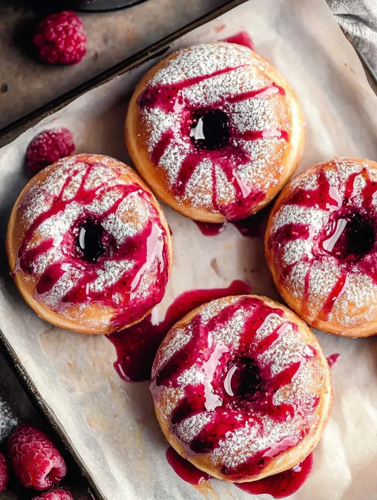 A plate of donuts with pink icing and raspberries.