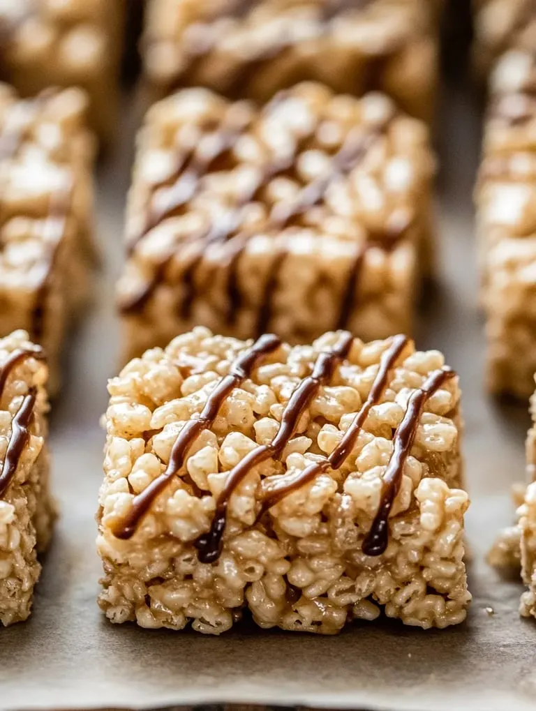 A close up of a candy bar with chocolate drizzle.