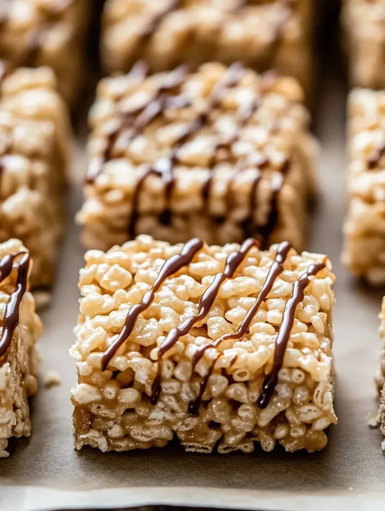 A close up of a piece of candy with chocolate drizzled on top.