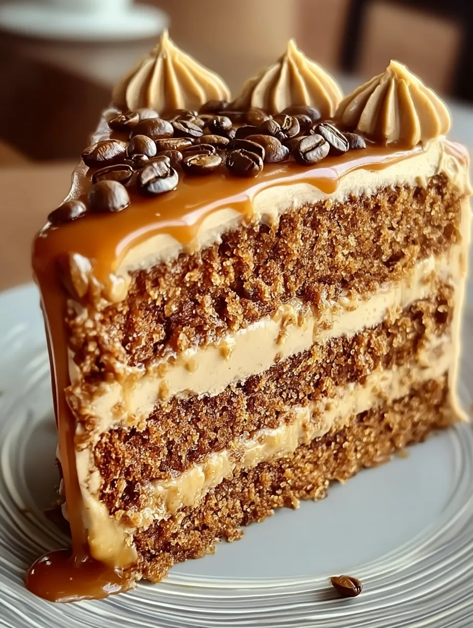 A slice of cake with caramel frosting.