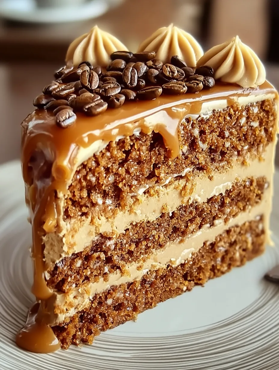 A slice of cake with caramel drizzled on top.