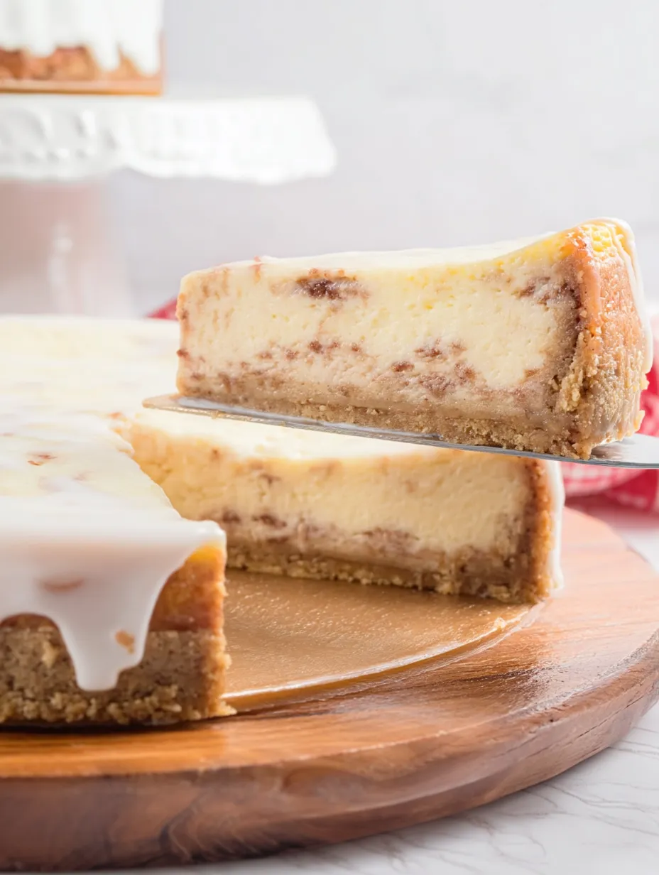 A slice of cheesecake on a wooden board.