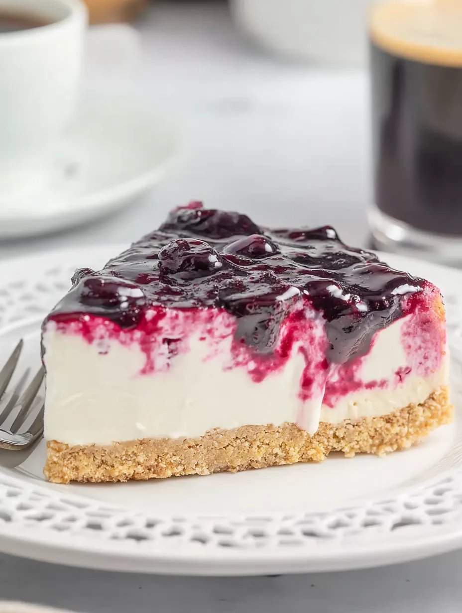 A slice of blueberry cheesecake on a plate.