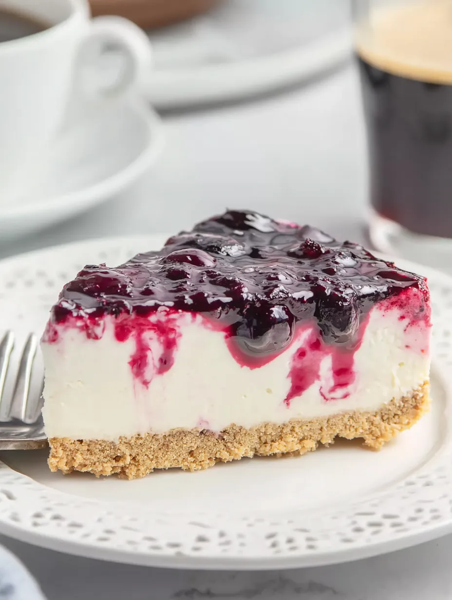 A slice of blueberry cheesecake on a plate.