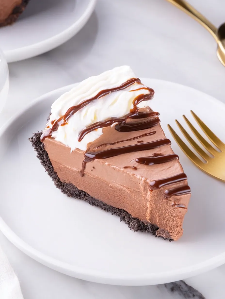 A slice of chocolate pie with whipped cream.