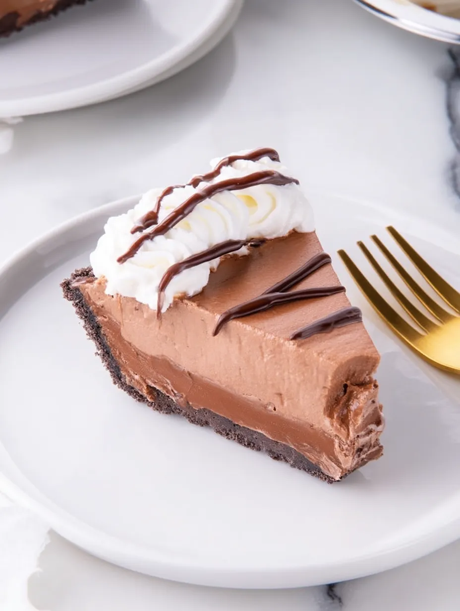 A slice of chocolate pie with whipped cream on top.