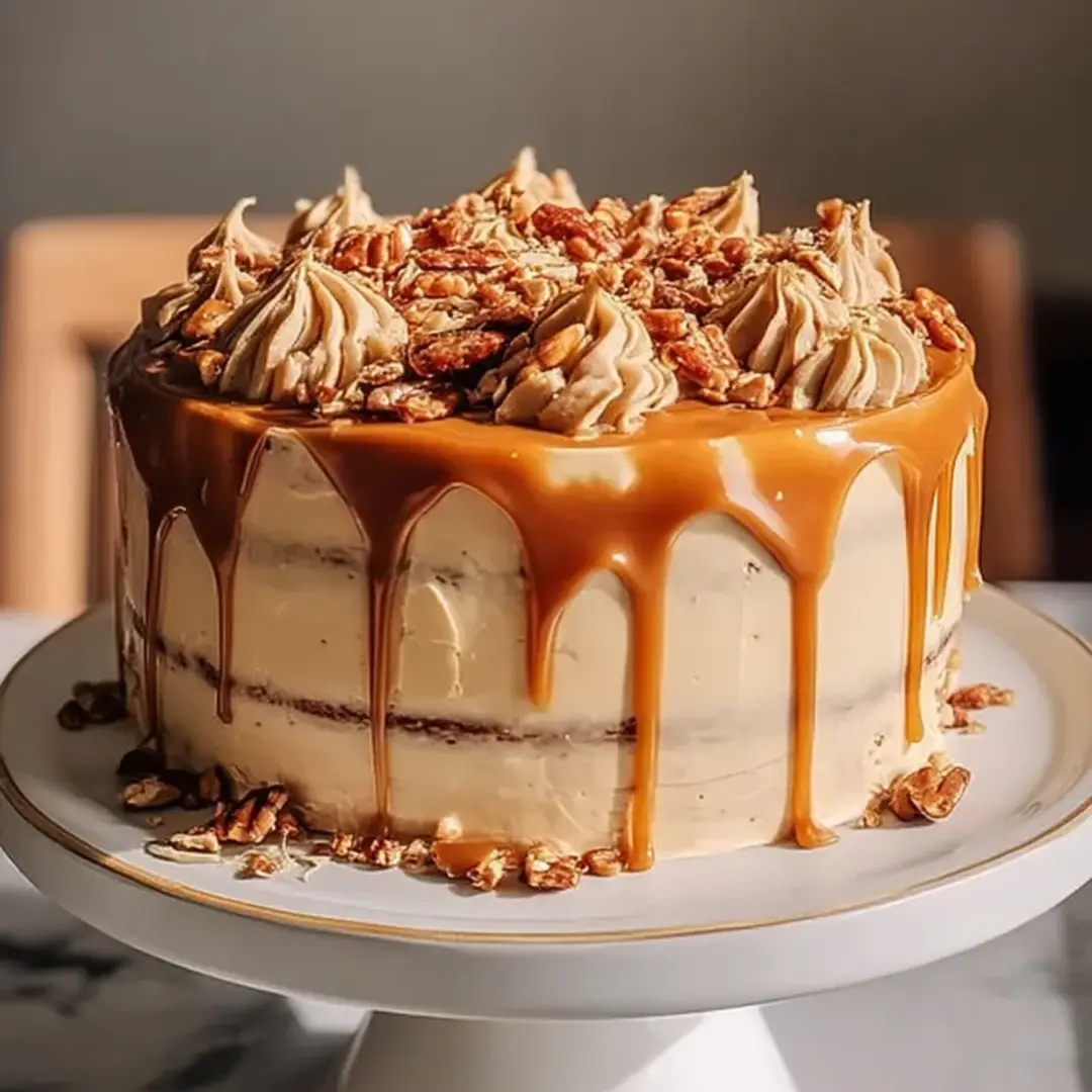 A cake with caramel drizzle on top.