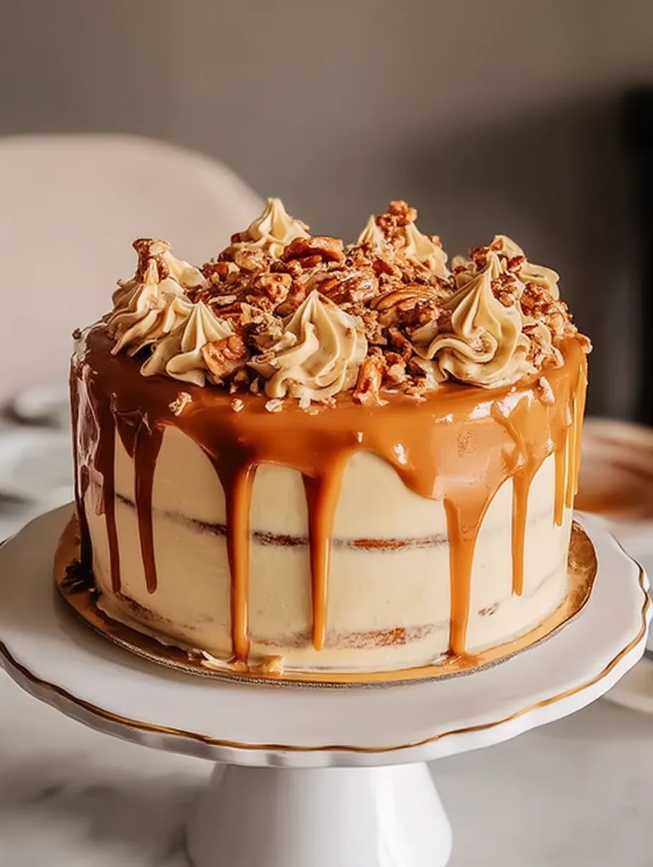 A cake with caramel frosting.