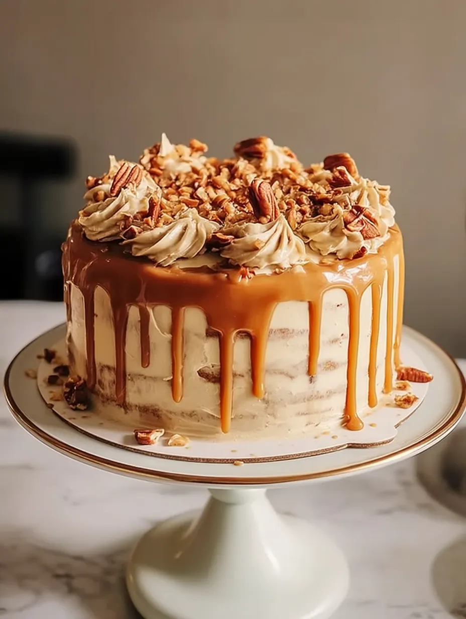 A cake with caramel drizzle on top.