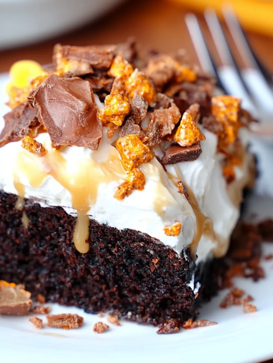 A slice of chocolate cake with chocolate chips and caramel drizzle.