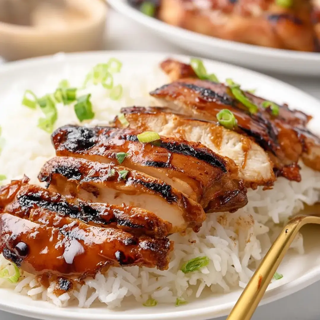 A plate of rice with chicken on top.
