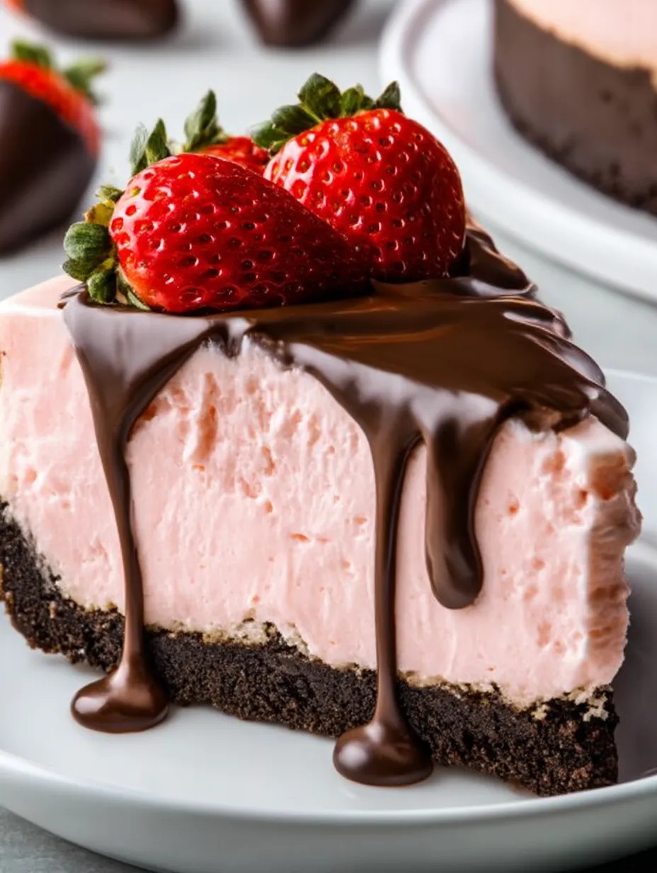 A slice of cake with chocolate drizzle and strawberries on top.