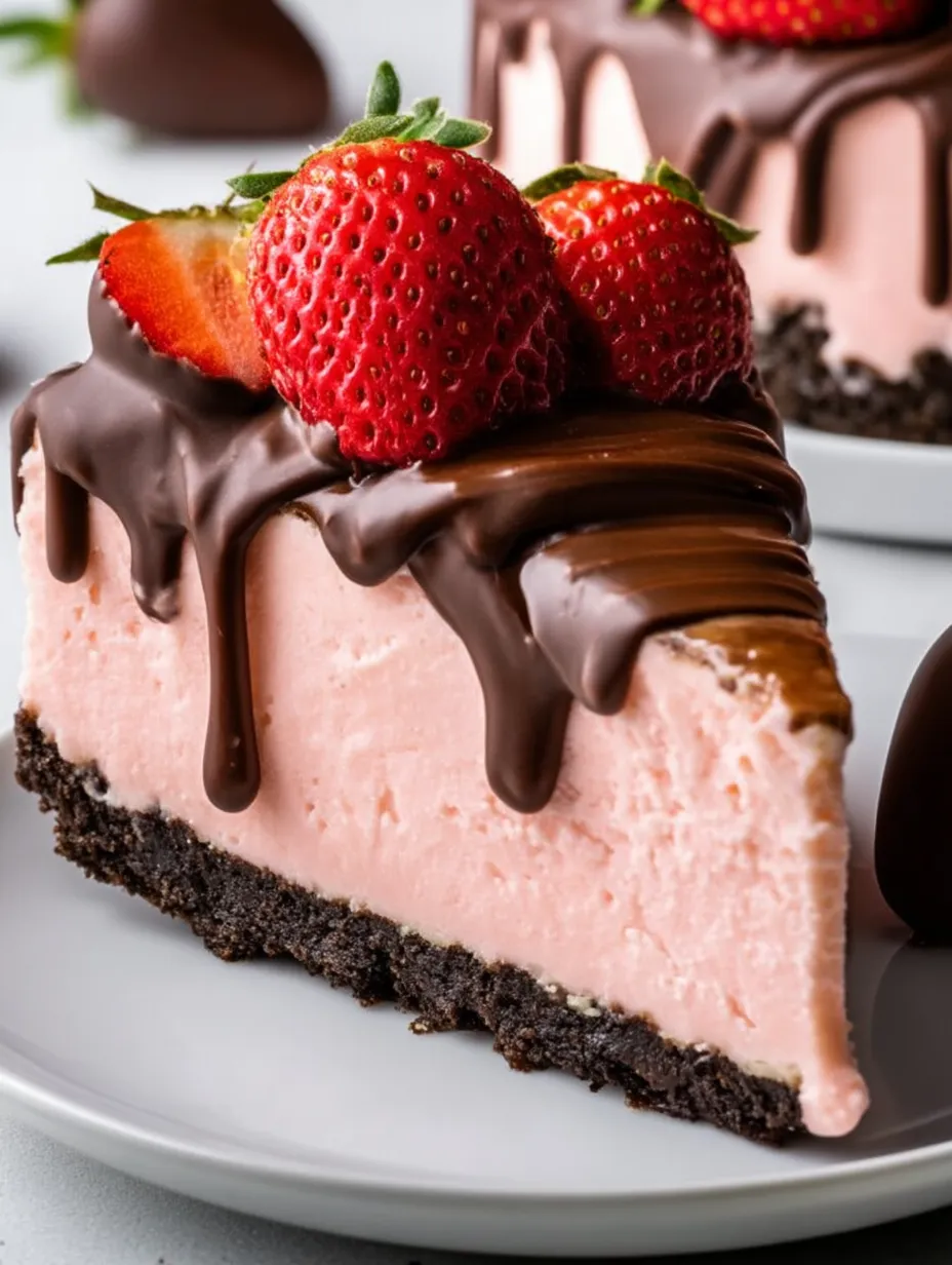 A slice of pink cake with chocolate drizzle and strawberries on top.