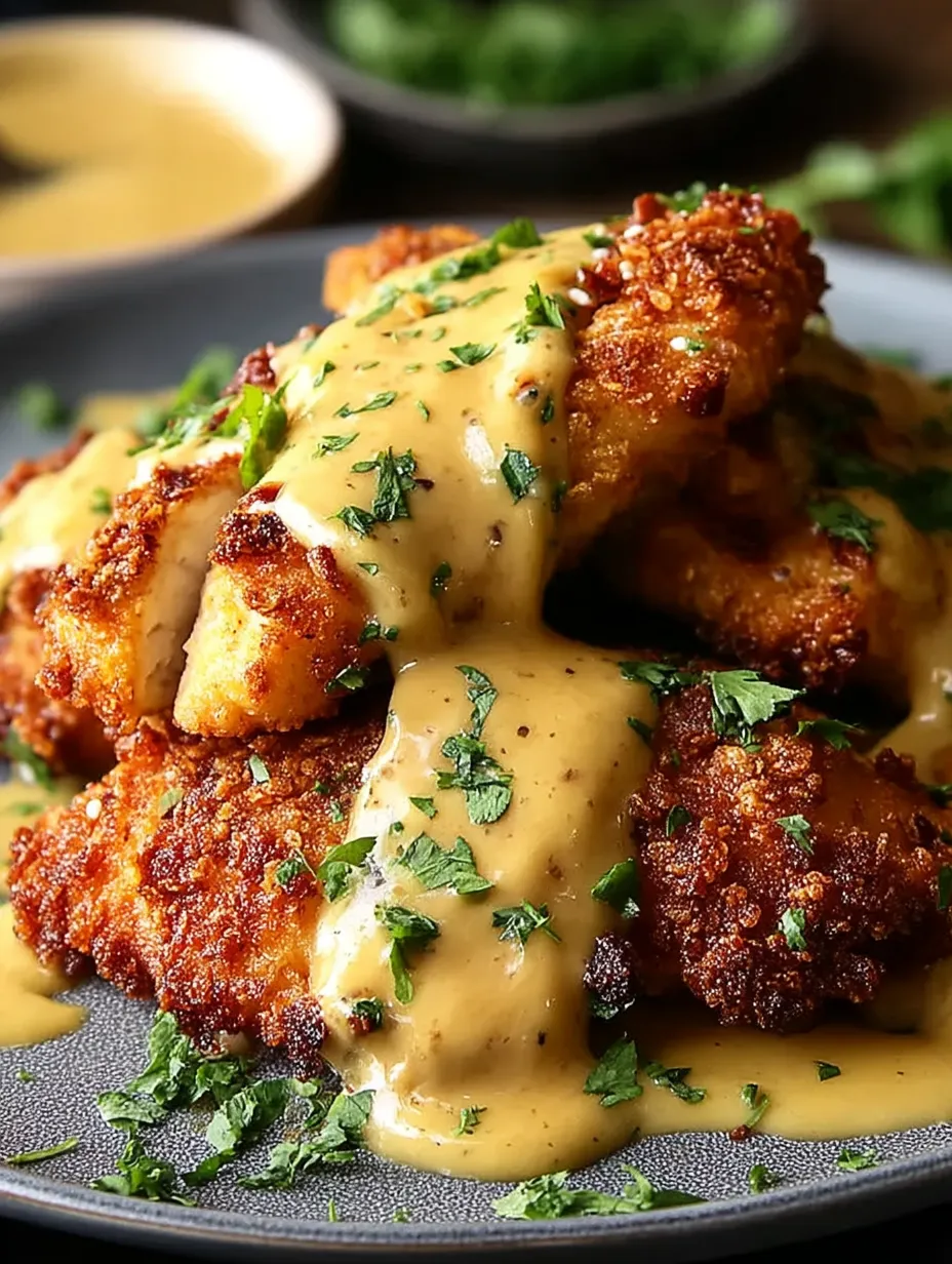 A plate of chicken with a creamy sauce.
