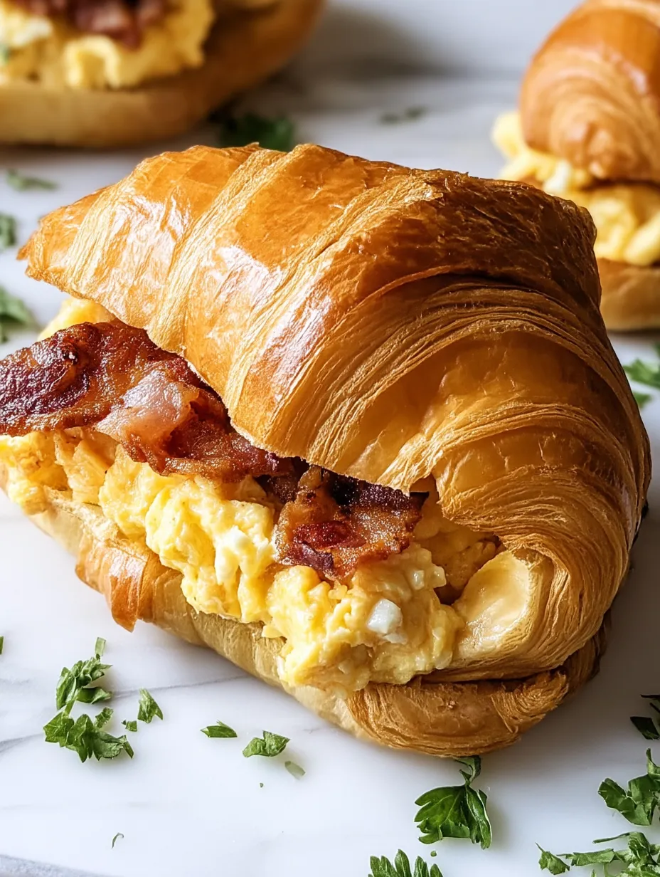 A croissant sandwich stuffed with bacon and egg filling.