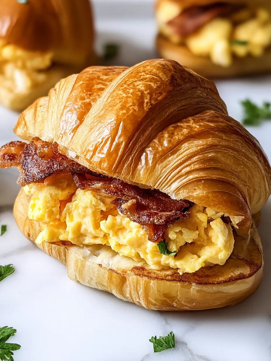 A croissant sandwich packed with bacon and egg.
