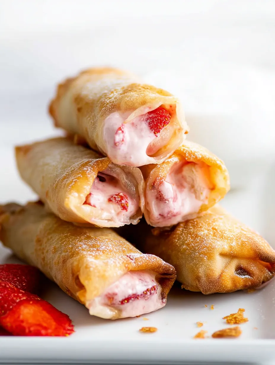 A stack of crepe wrappers with strawberries and whipped cream.