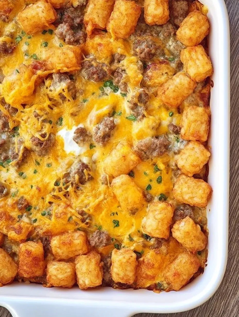 A pan of food with tater tots and meat.