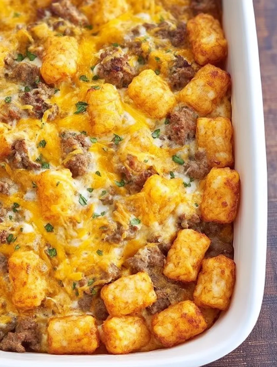 A dish of food with a yellow sauce and a side of tater tots.