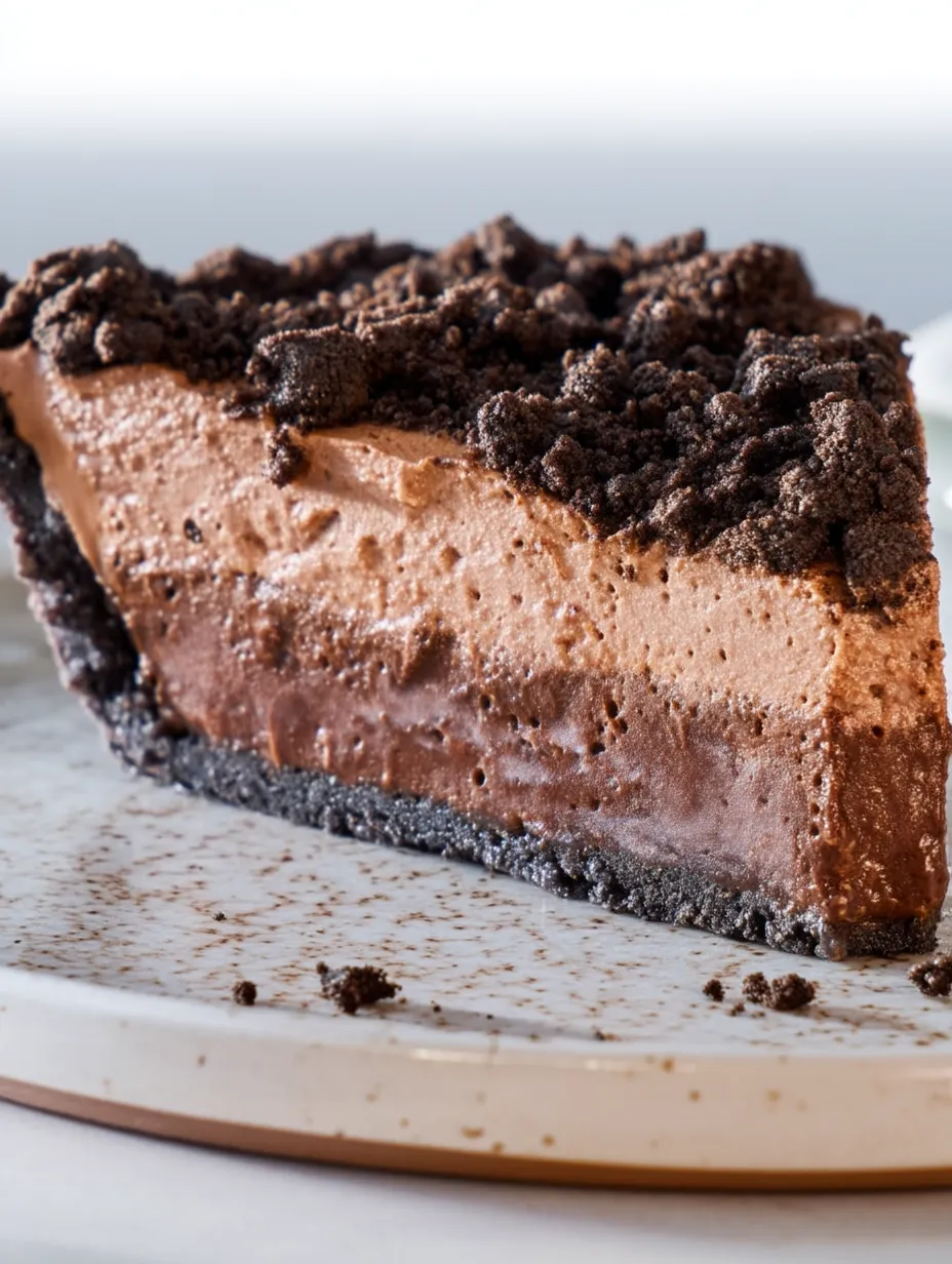 A slice of chocolate cake with chocolate chips.
