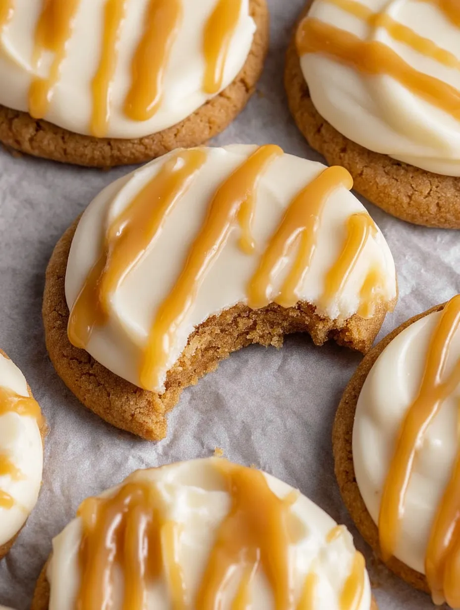 A cookie with white icing and caramel drizzle.