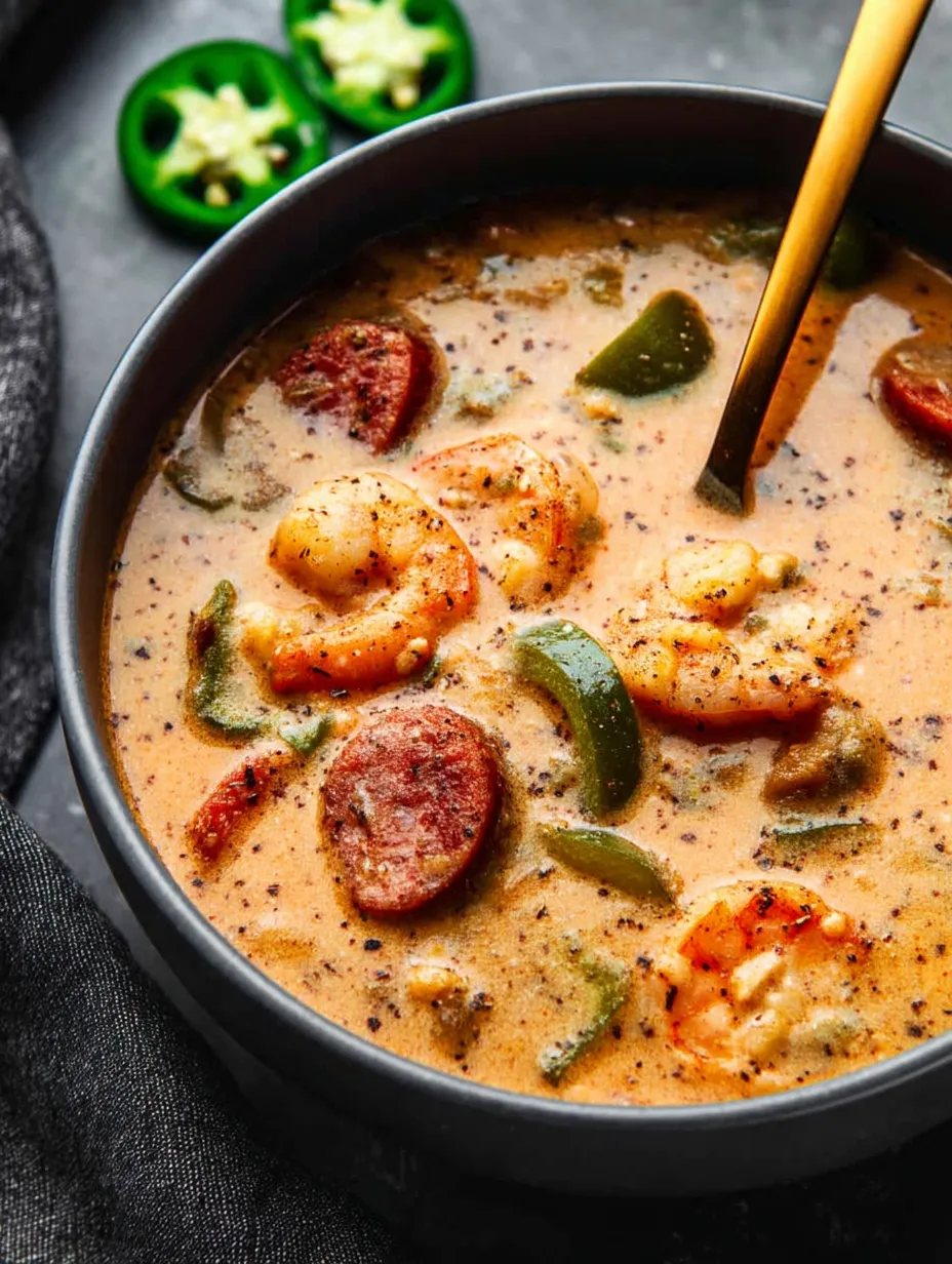 A bowl of soup with shrimp and peppers.