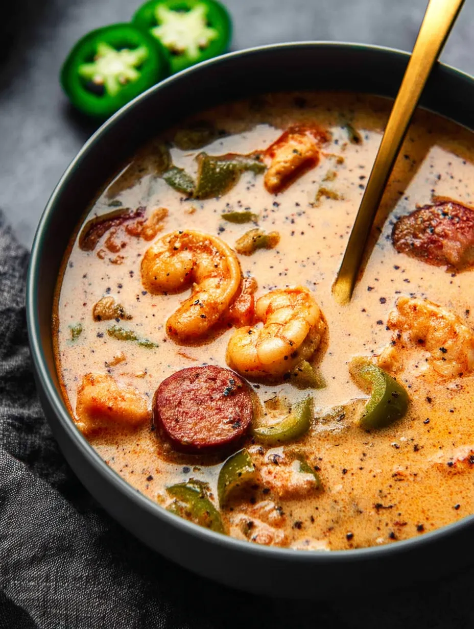 A bowl of soup with shrimp and sausage.