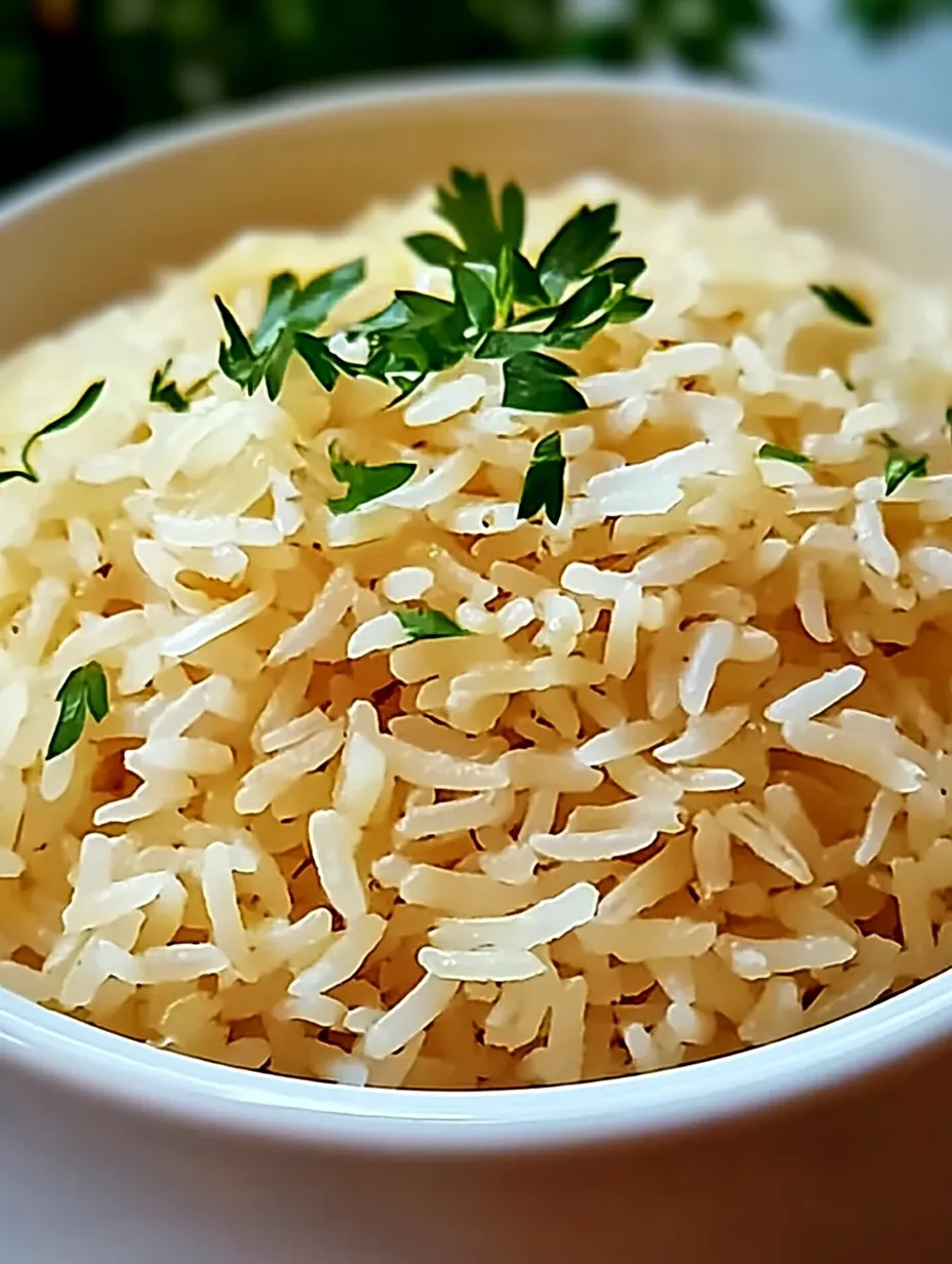 A bowl of rice with a green herb on top.