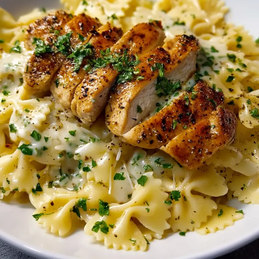 Steaming pasta dish with sliced chicken and herbs on top.