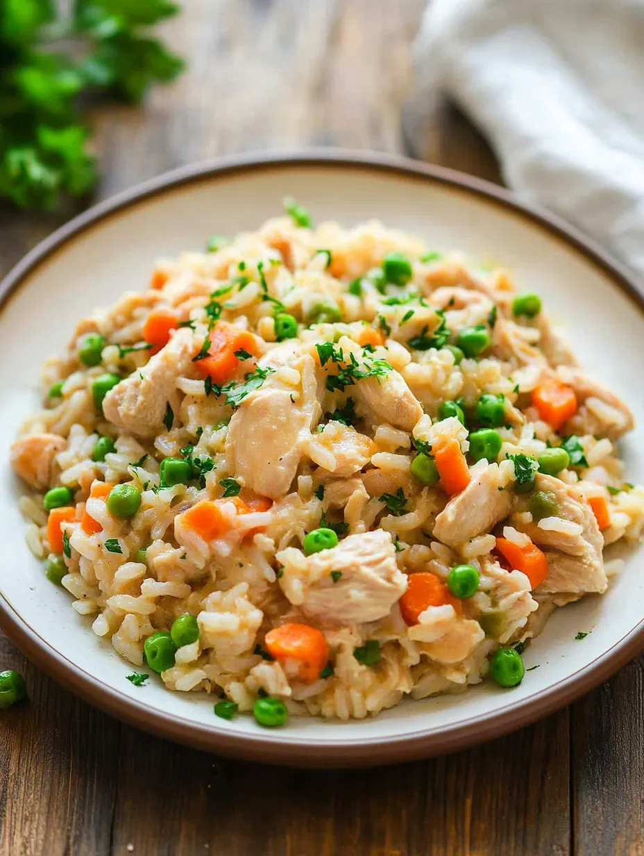 A warm bowl of creamy rice with chicken chunks.