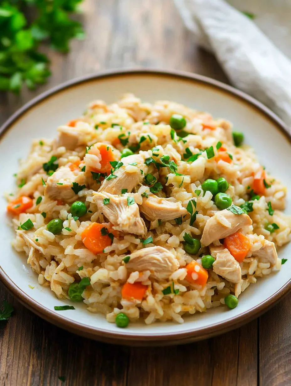 A steaming portion of chicken mixed with rice and bright green peas.