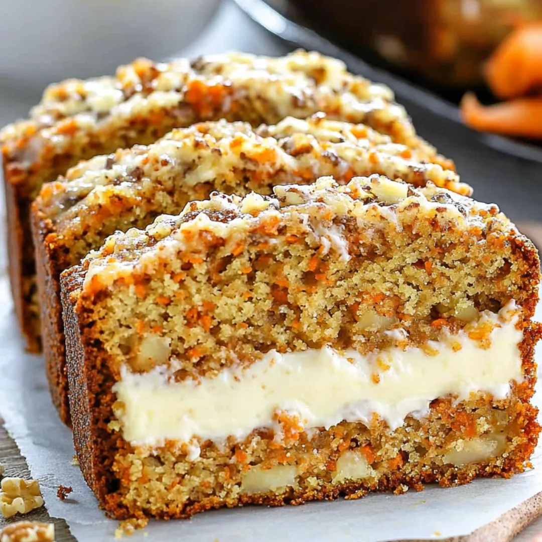 A thick slice of juicy carrot bread showing creamy center.