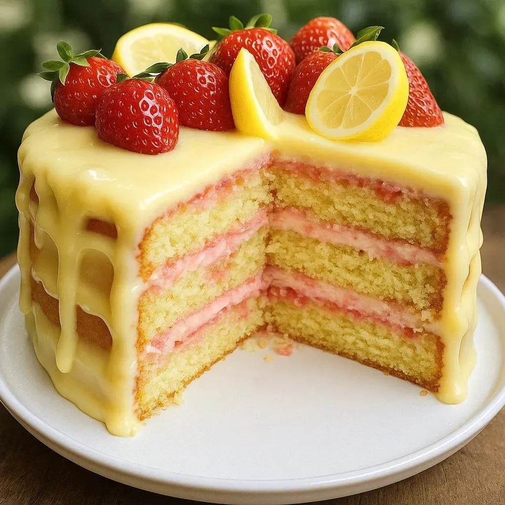 A slice of cake with strawberries and lemon.