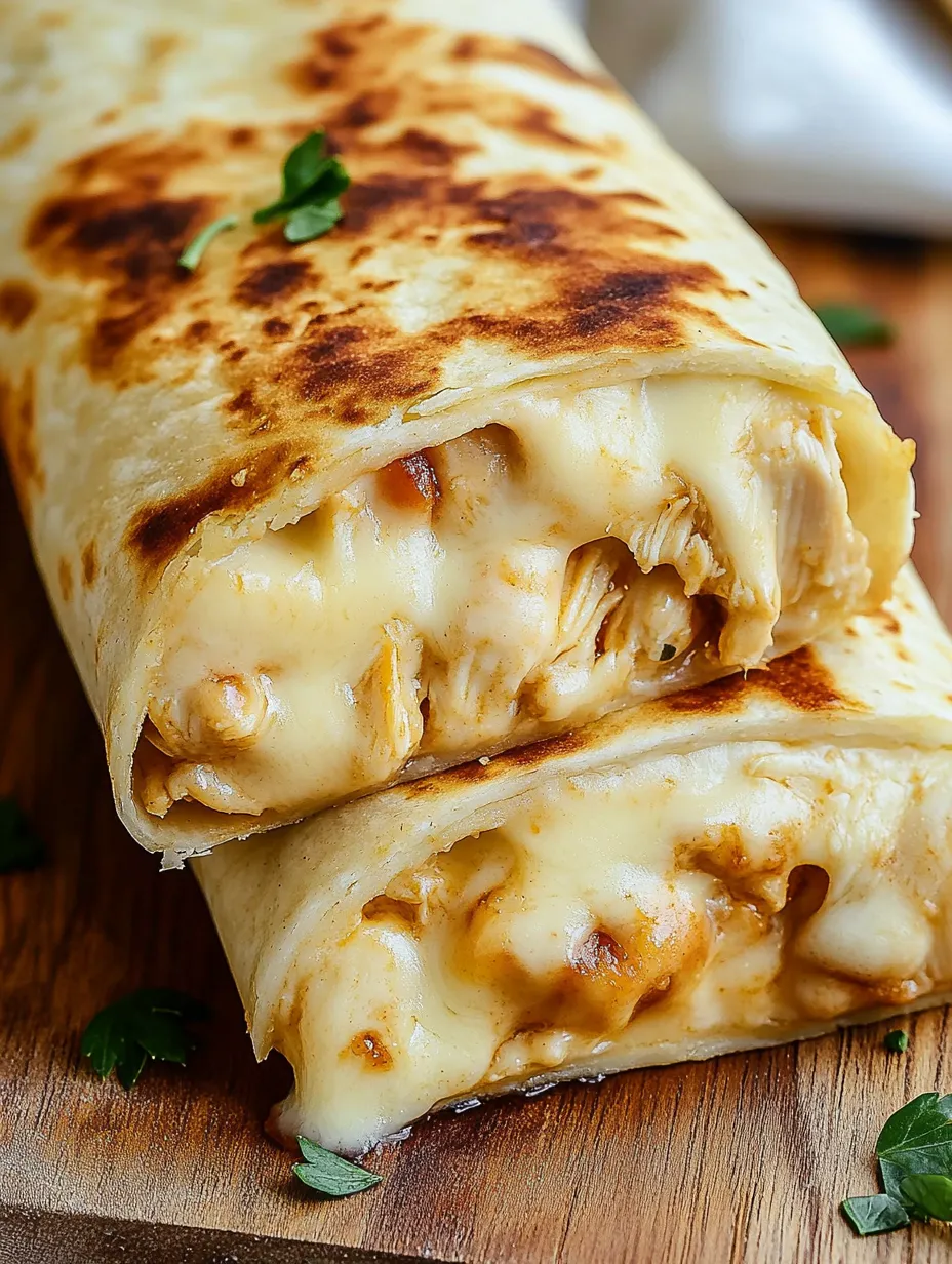 A wrapped burrito stuffed with chicken and cheese.