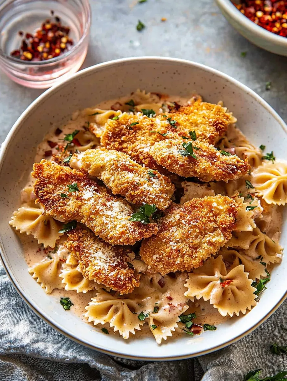 A bowl of pasta with chicken and sauce.