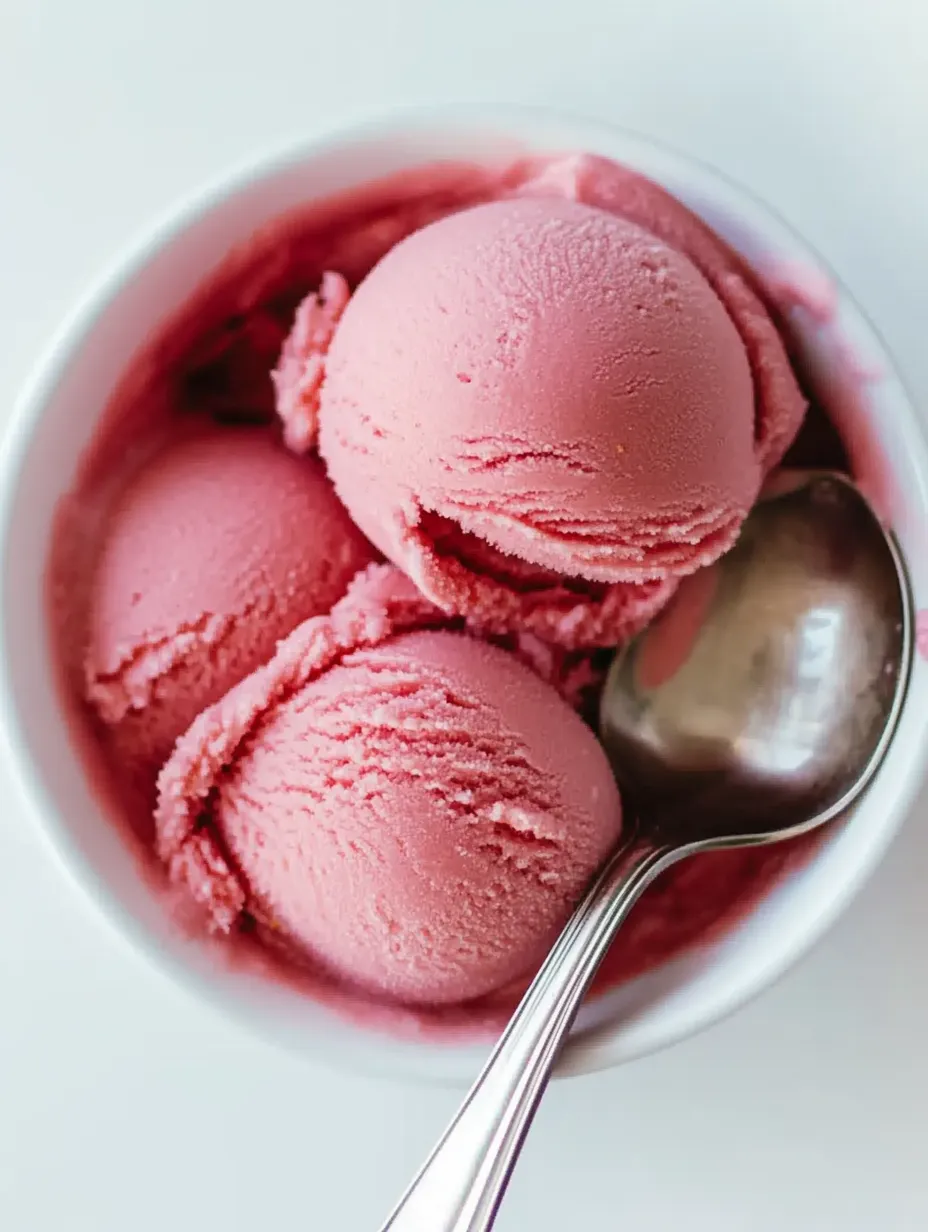 A bowl of pink ice cream with a spoon in it.