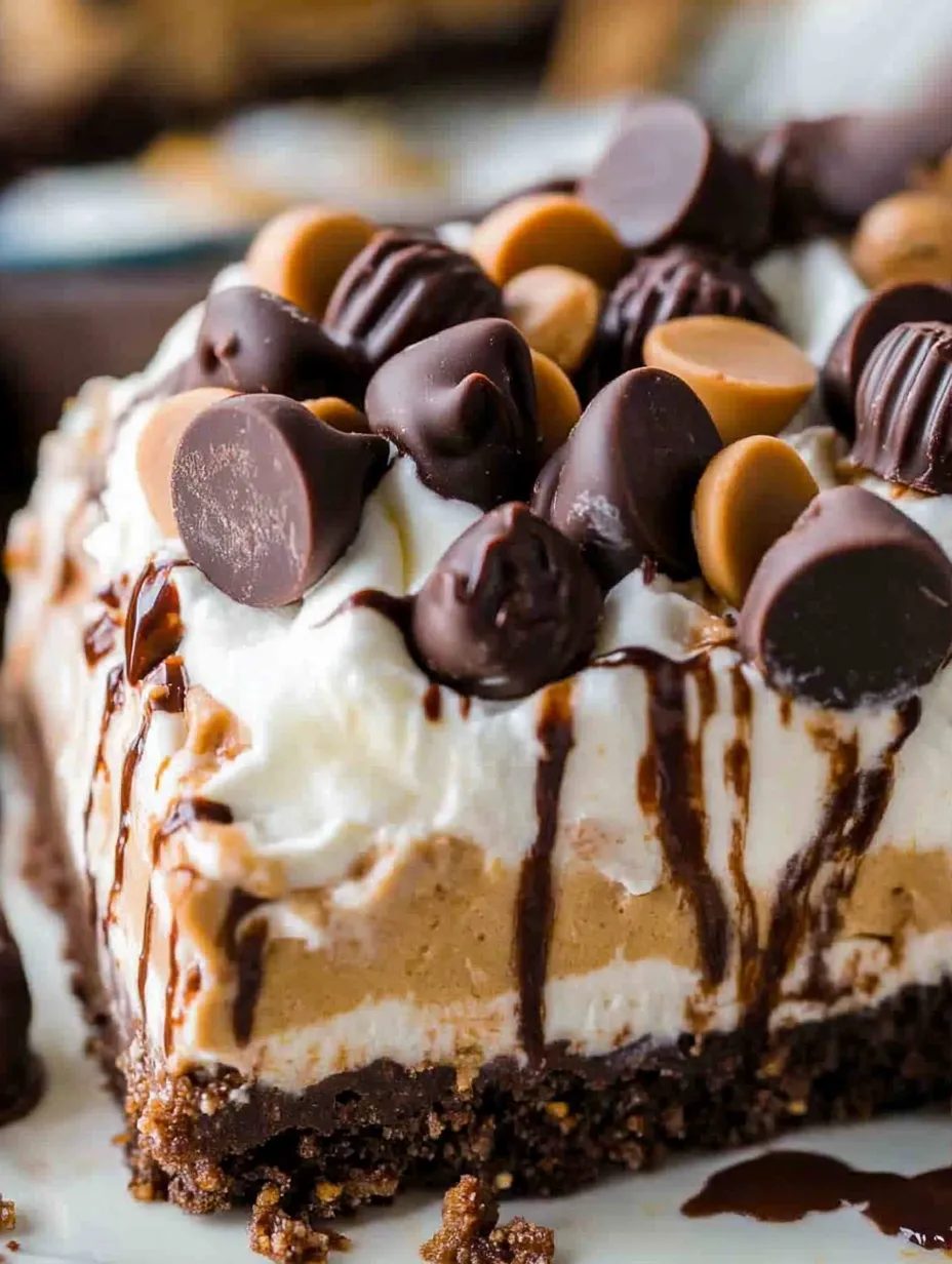 A slice of cake with chocolate and peanut butter toppings.