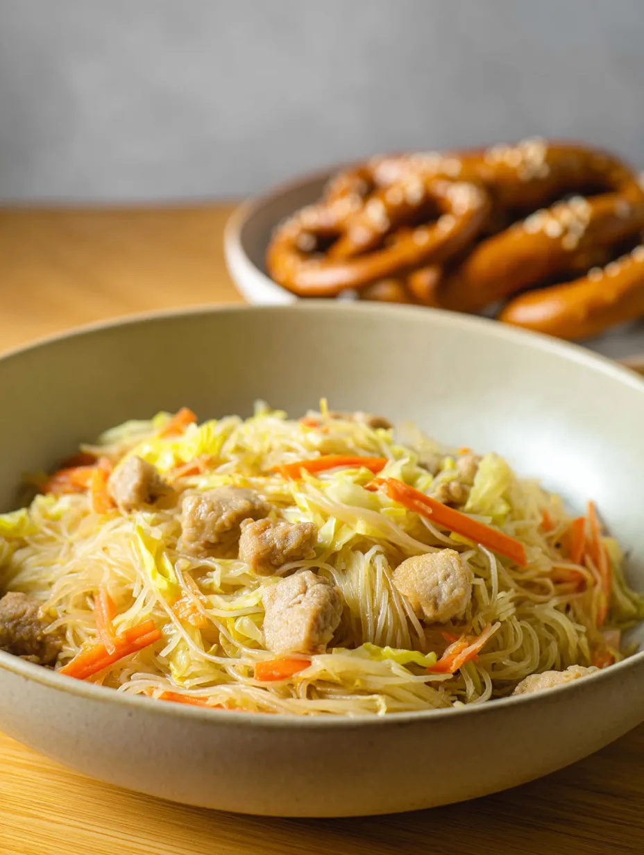 A bowl of noodles with meat and vegetables.