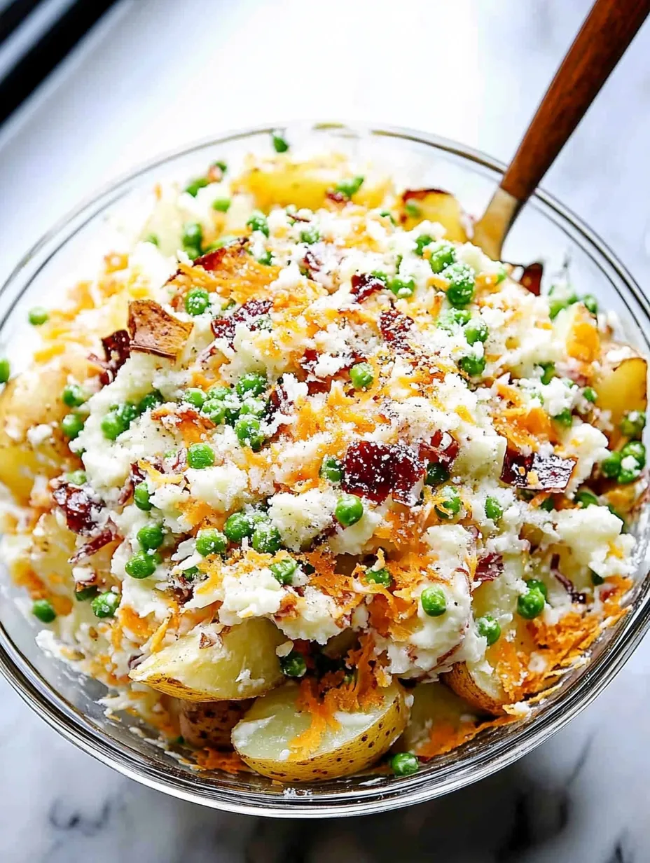 A bowl packed with peas, spuds, and creamy goodness.