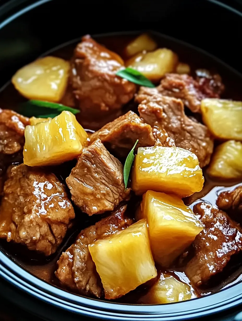 Bowl showing pineapple and pork pieces.