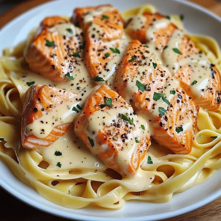 A plate of food with noodles and salmon.